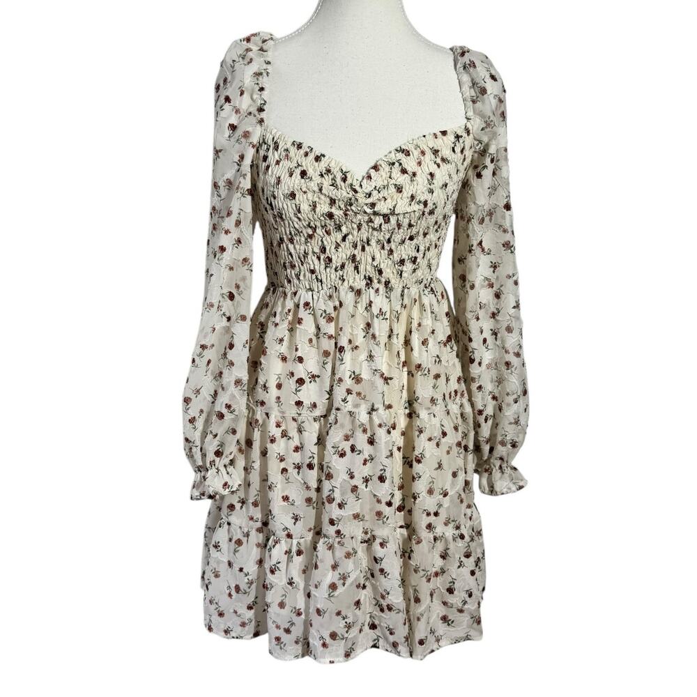 Altar'd State Ditsy Floral Milkmaid Mini Dress Women M Cream Rose Cottage Boho